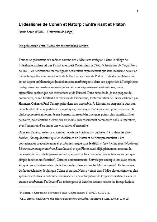 L’idéalisme de Cohen et Natorp - Entre Kant et Platon  - Denis Seron_compressed